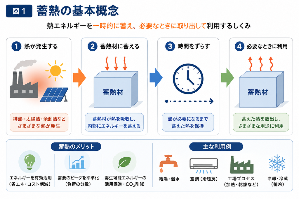 蓄熱の基本概念。熱エネルギーを一時的に蓄え、必要な時に取り出して利用するしくみ
